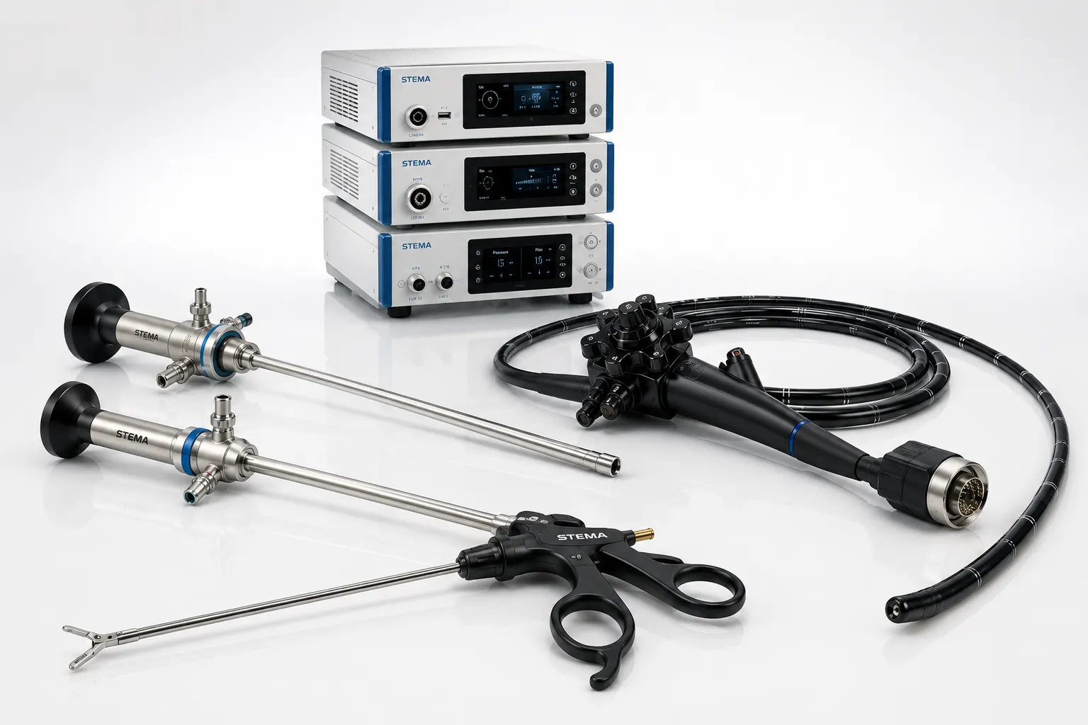 STEMA endoscopy tower with endoscope and laparoscopic instrument